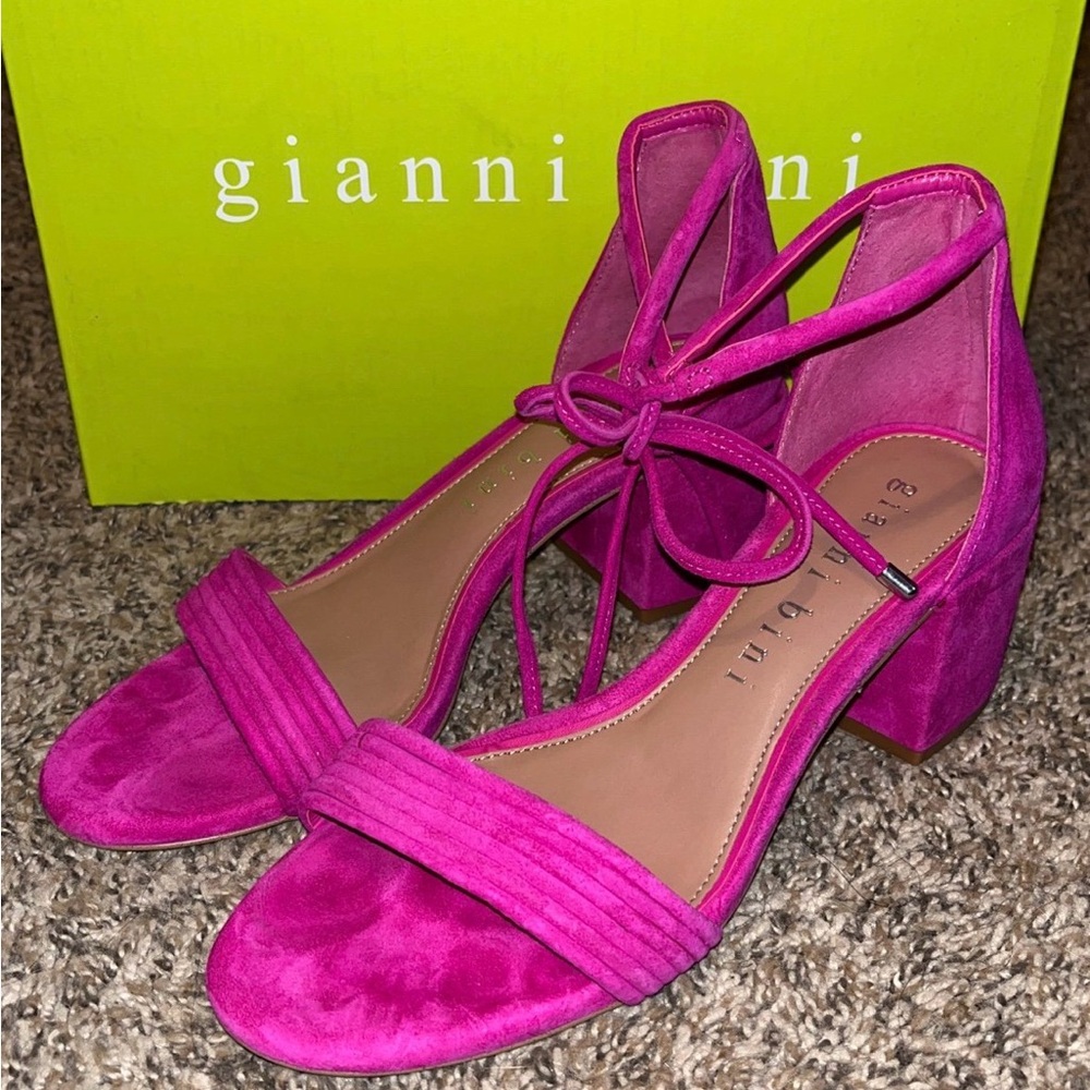 Gianni Bini Pink Suede Block Heel Sandals with Ankle Tie